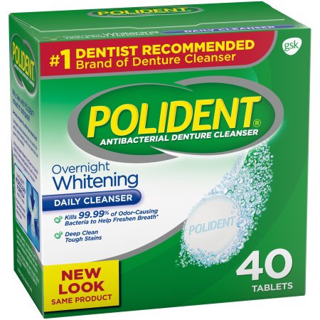 Polident Triple-Mint Antibacterial Denture Cleanser with Overnight Whitening, 40 count