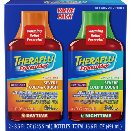 Theraflu Cold & Flu Relief Expressmax Day/Night Value Pack, Berry Flavor Syrup, 8.3 fl oz, 2 Count