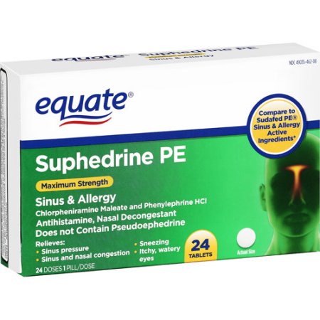 Equate: Suphedrine PE Sinus & Allergy Tablets Antihistamine/Nasal Decongestant, 24 Ct